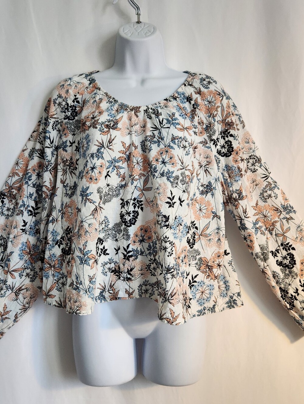 Women’s Floral Peasant Blouse - White with Peach & Blue Floral
